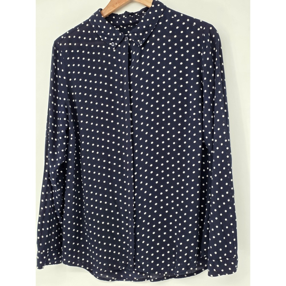 Vintage Liz Claiborne Long Sleeved Blouse Size Large Navy And White Polka Dot